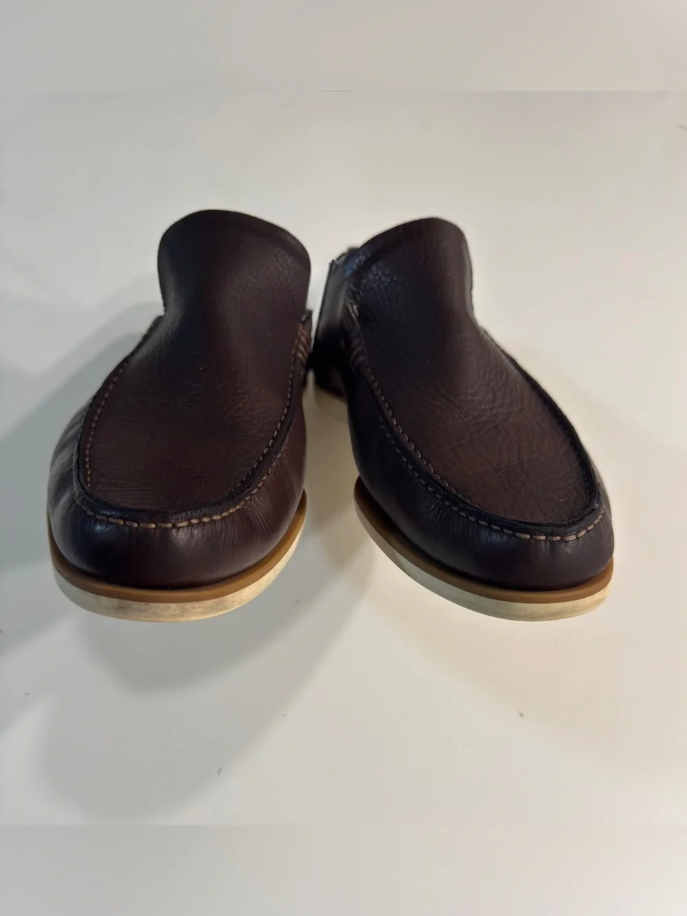 Gucci Mens Brown Pebbled Leather Loafers Web Stripe Heel Driver Shoes Size 10.5
